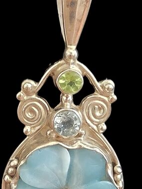 Silver Blue Floral Larimar Pendant with Peridot Accent